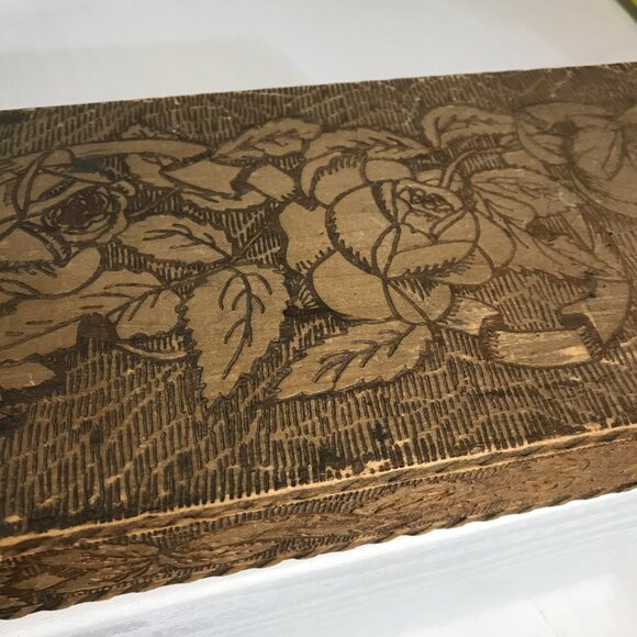 Wooden Trinket Scarf Box Vintage Hand Carved Floral Design Wood Burning Rustic - Picture 3 of 16